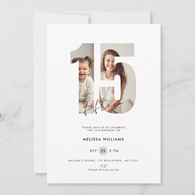 Invitation de 15 ans sur mesure avec photo blanche (Devant)