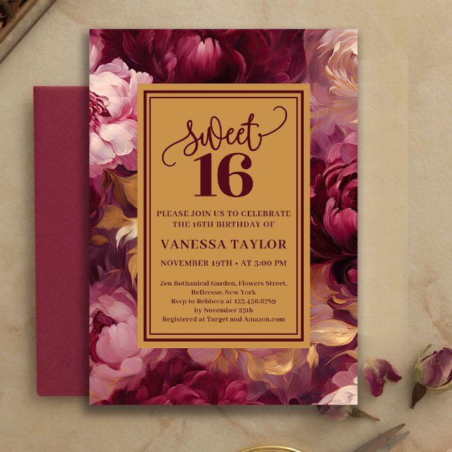 Invitation de 16 ans sucrée et intemporelle avec d (Timeless Sweet 16 Burgundy Roses Gold Invitation)