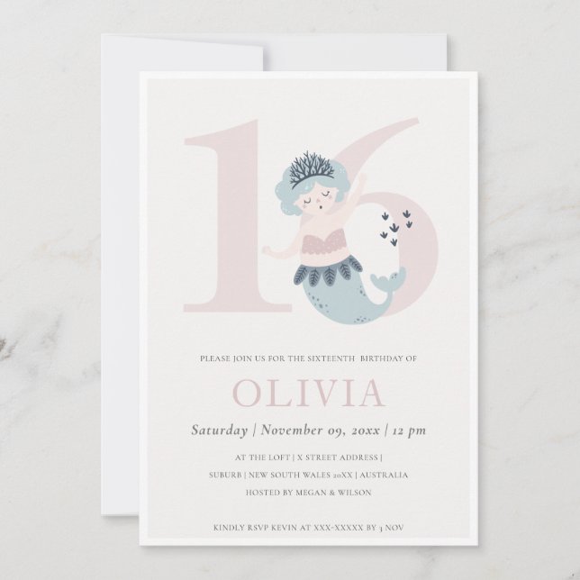 Invitation de 16e anniversaire de sirène rose bleu (Devant)