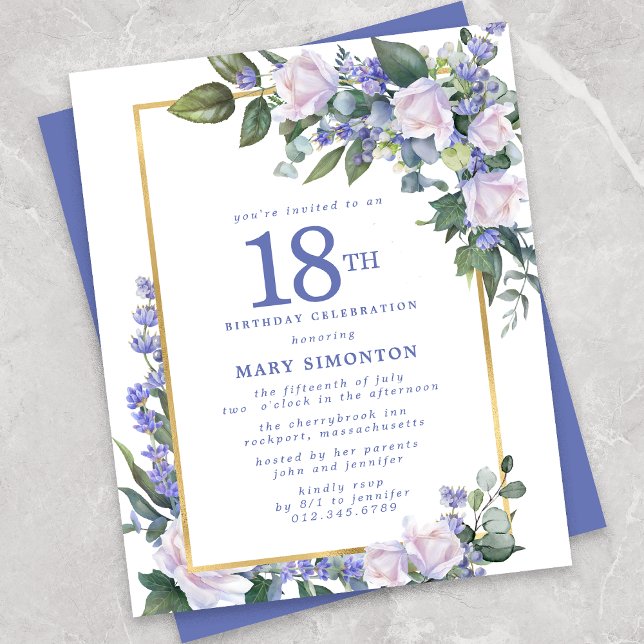 Invitation de 18e anniversaire à fleurs bleues et  (Créateur téléchargé)