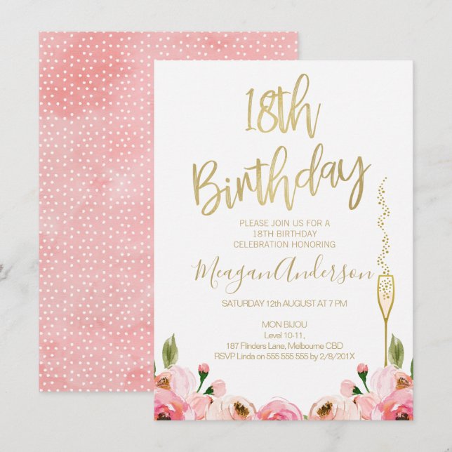 Invitation de 18e anniversaire Pink Gold Floral (Devant / Derrière)