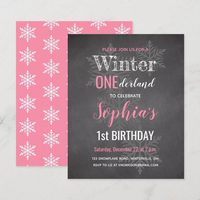 Invitation de 1er anniversaire Budget Rose Hiver O (Devant / Derrière)