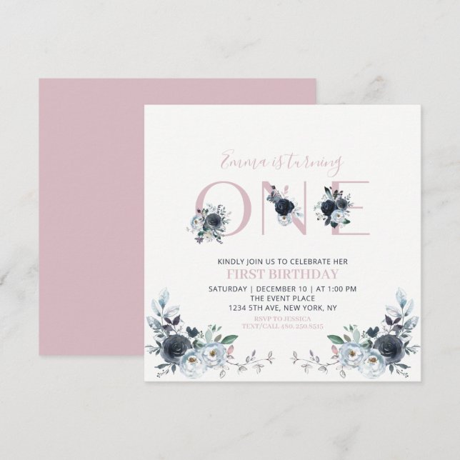 Invitation de 1er anniversaire carré Navy & Pink B (Devant / Derrière)