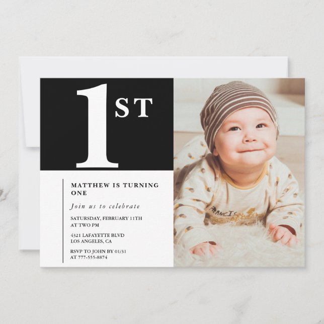Invitation de 1er anniversaire chic garçon photo n (Devant)