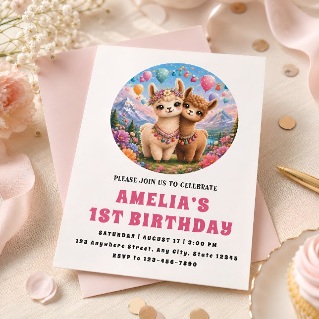 Invitation de 1er anniversaire de Boho Alpaca mign (Créateur téléchargé)