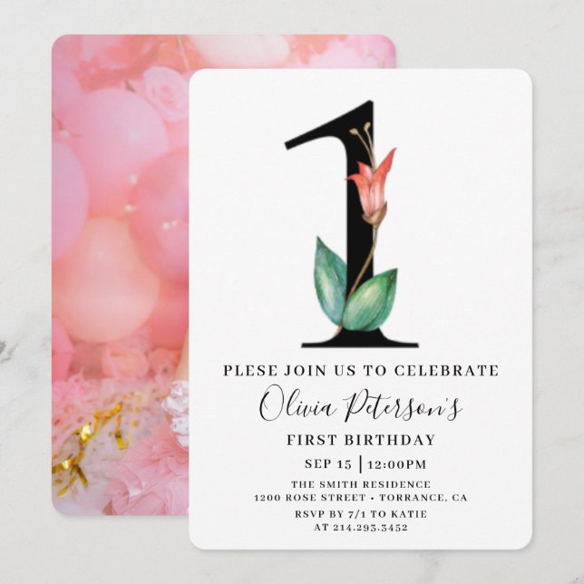 Invitation de 1er anniversaire florale avec photo  (Devant / Derrière)