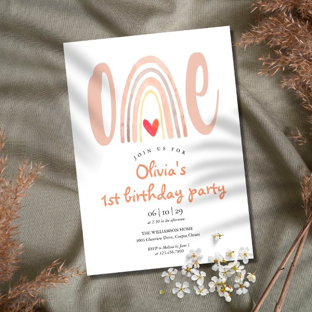 Invitation de 1er anniversaire joli cœur arc-en-ci (Créateur téléchargé)