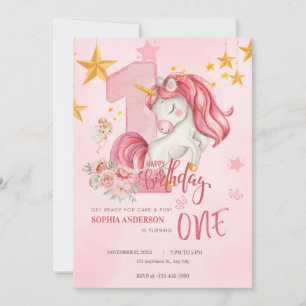 Invitation de 1er anniversaire licorne pastel rose