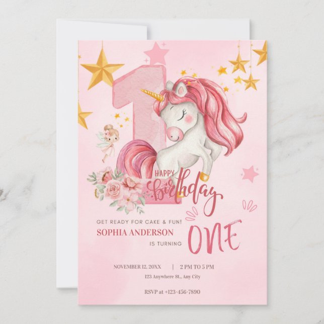 Invitation de 1er anniversaire licorne pastel rose (Devant)