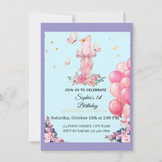 Invitation de 1er anniversaire papillon floral mig