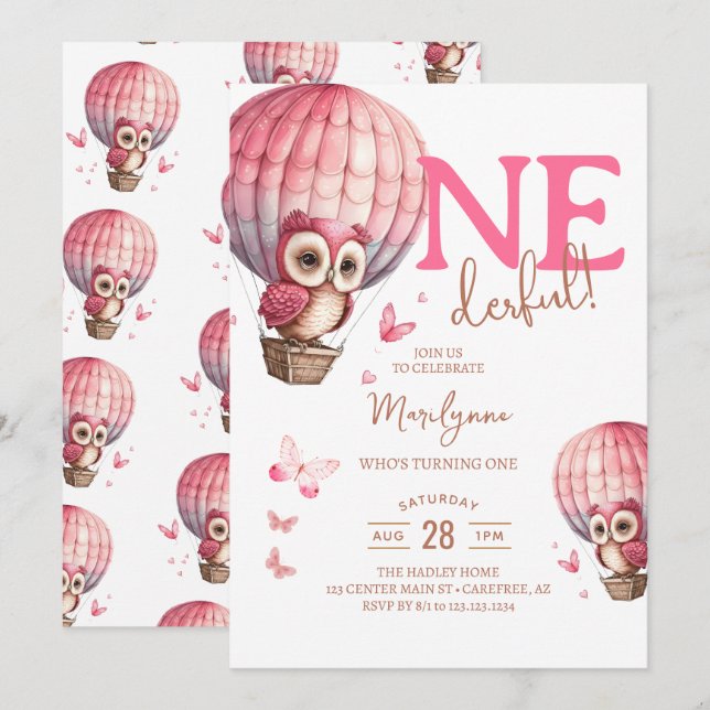 Invitation de 1er anniversaire rose boho Onederful (Devant / Derrière)