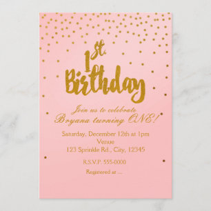 Invitation de 1er anniversaire rose poudré et or a