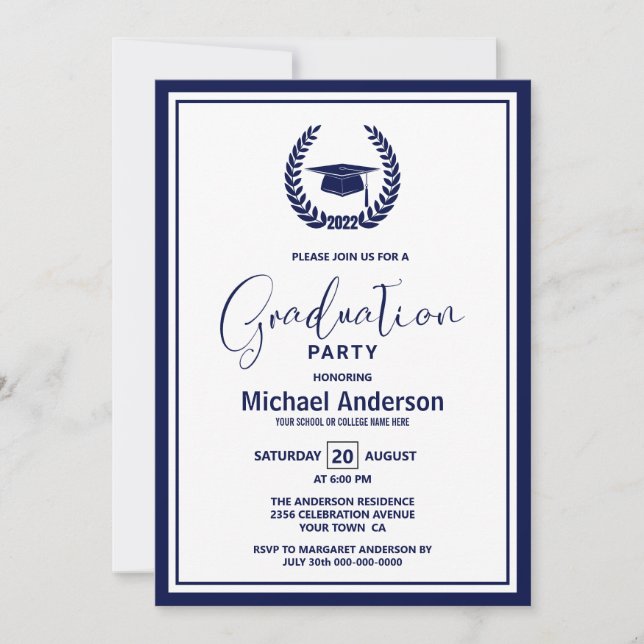 Invitation de 2022 Navy Blue Border Graduation Par (Devant)
