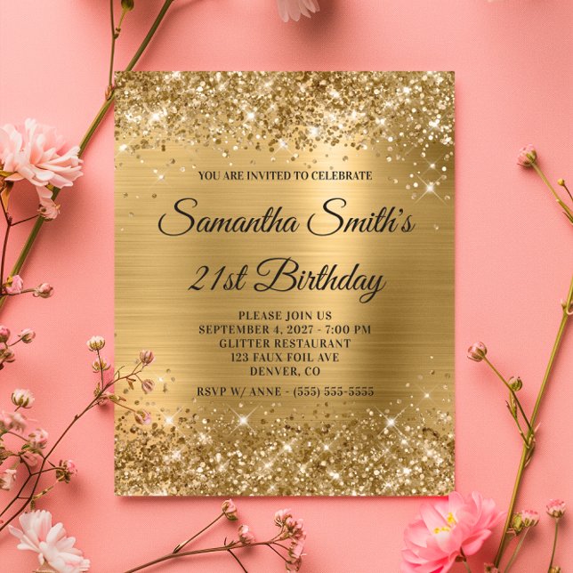 Invitation de 21e anniversaire à paillettes dorées (Budget Glittery Gold Monogram 21st Birthday Invite)