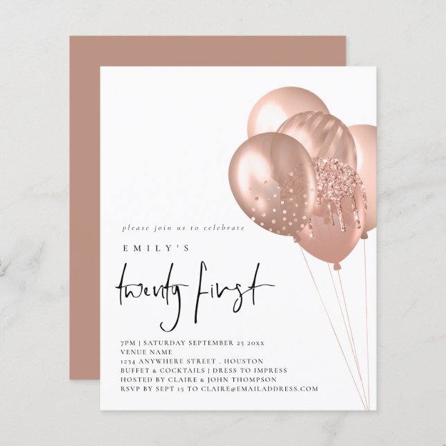 Invitation de 21e partie Rose Budget Gold Balloons (Devant / Derrière)