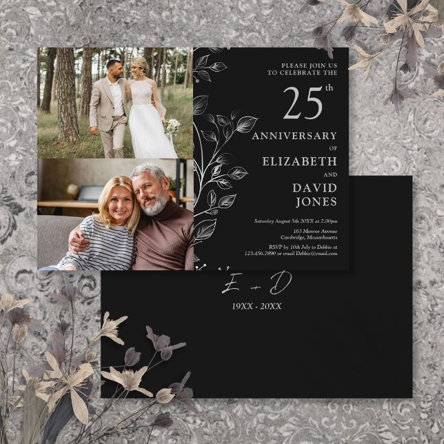 Invitation de 2 photos pour les 25 ans de mariage  (Silver 25th Wedding Anniversary 2 Photo Invitation)