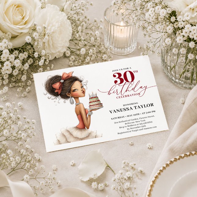 Invitation de 30e anniversaire chic et drôle pour  (Chic Funny Woman 30th Birthday Deep Red Script Invite

)