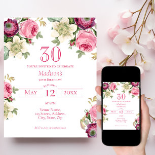 Invitation de 30e anniversaire de la florale rose
