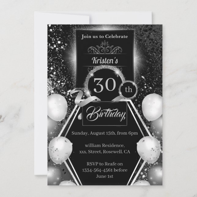 Invitation de 30e anniversaire en argent et en noi (Devant)