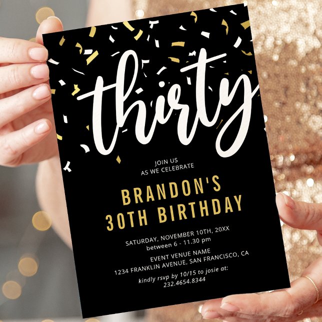 Invitation de 30e anniversaire noir et or avec con (Créateur téléchargé)