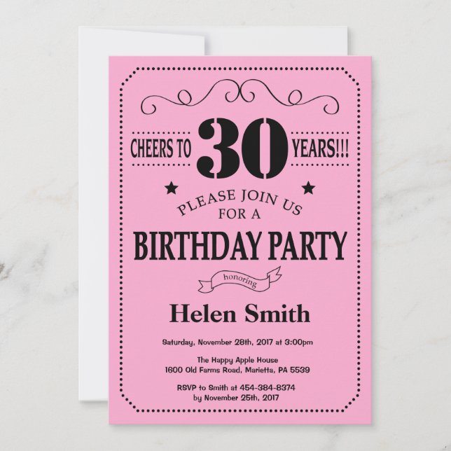 Invitation de 30e anniversaire noir et rose (Devant)