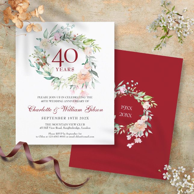 Invitation de 40e anniversaire de mariage Ruby Flo (Budget 40th Anniversary Ruby Floral Invitation)