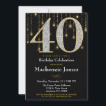 Invitation de 40e anniversaire Diamants noirs d'or<br><div class="desc">Une élégante invitation de fête de 40e anniversaire en noir et or,  avec un grand 40 avec des diamants et l'apparence d'or ainsi qu'un rideau de citron de lumières d'or. Pour le 40e anniversaire homme ou femme dans votre vie.</div>