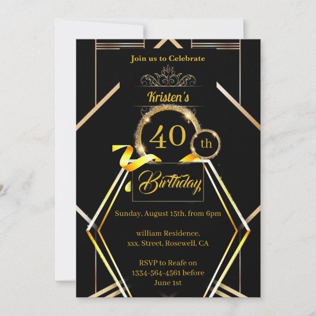 Invitation de 40e anniversaire Gold et Black (Devant)