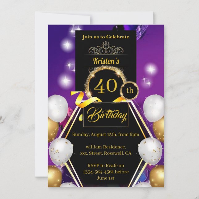 Invitation de 40e anniversaire Gold et Black (Devant)