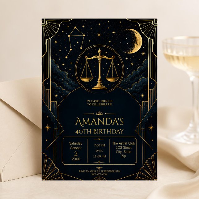 Invitation de 40e anniversaire Luxe Art Déco Balan (Dark Art Deco Libra zodiac 40th birthday invitation with celestial details and elegant moody styling)