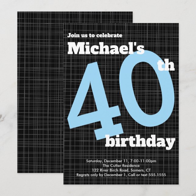 Invitation de 40e anniversaire Noir avec Accent Bl (Devant / Derrière)