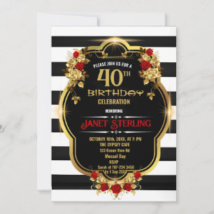 Invitation de 40e anniversaire noir, blanc et or