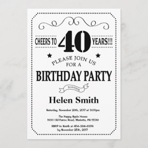 Invitation de 40e anniversaire Noir et blanc
