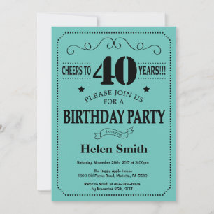 Invitation de 40e anniversaire Noir et Turquoise