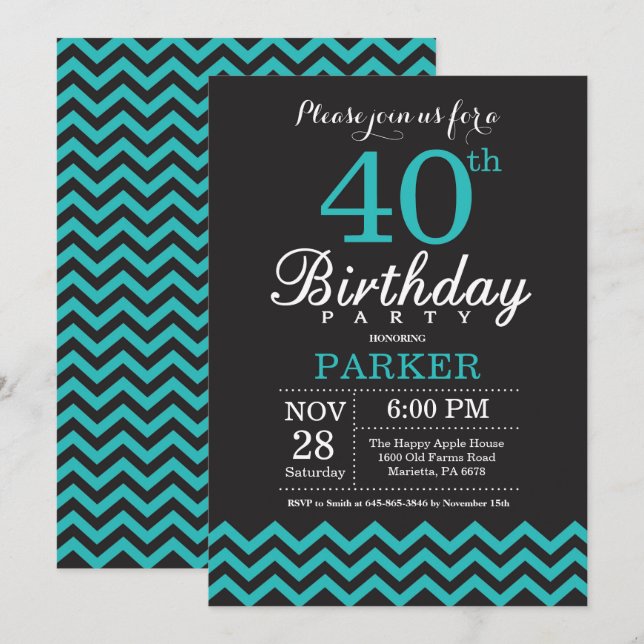 Invitation de 40e anniversaire Noir et Turquoise (Devant / Derrière)