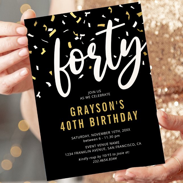 Invitation de 40e anniversaire noir or confettis (Créateur téléchargé)
