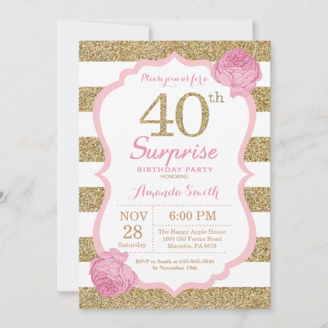 Invitation de 40e anniversaire rose et or Surprise (Devant)