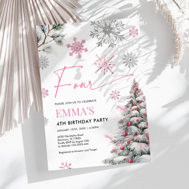 Invitation de 4e anniversaire, hiver rose 4e anniv (Créateur téléchargé)