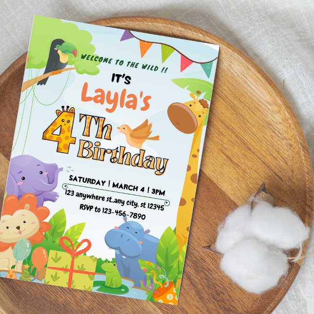 Invitation de 4ème anniversaire thème Safari migno (Cute Safari Themed 4th Birthday Invitation for Kids)