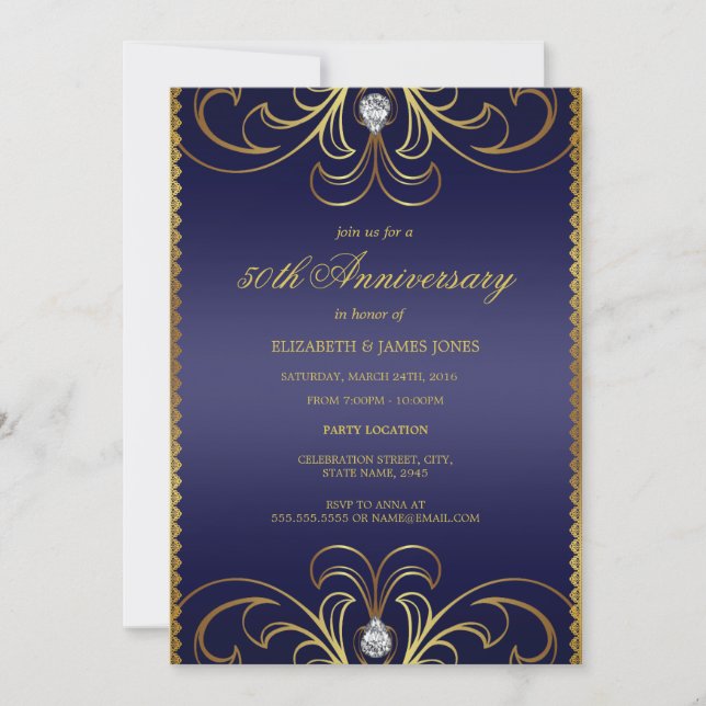 Invitation de 50e anniversaire de mariage bleu roy (Devant)