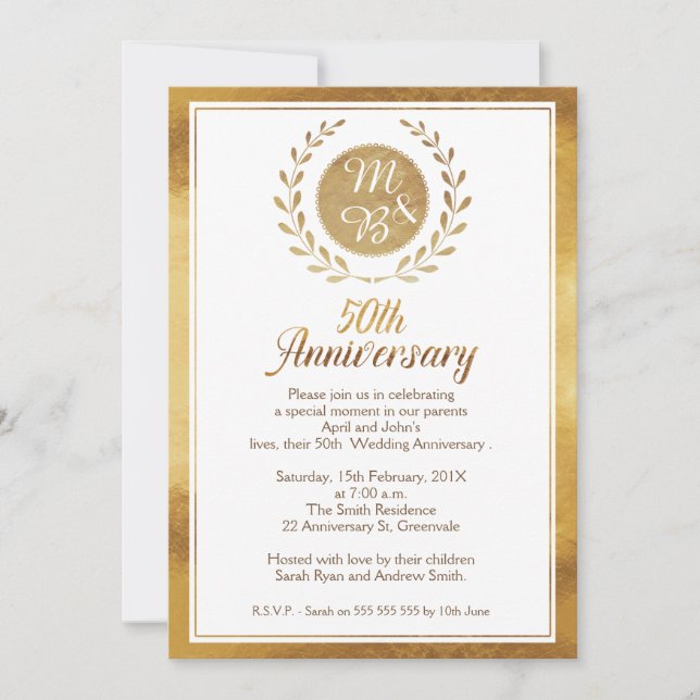 Invitation de 50e anniversaire de mariage en or fa (Devant)