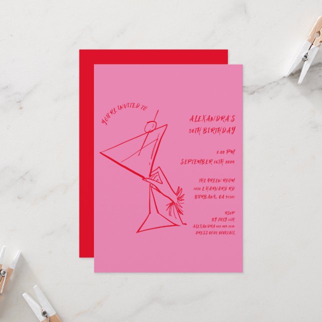 Invitation de 50e anniversaire en rouge rose (Devant/Arrière en situation)