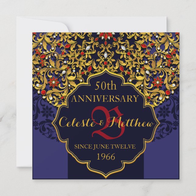 Invitation de 50e anniversaire Luxe Bleu Rouge Or (Devant)