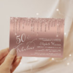 Invitation de 50e anniversaire pailletée rose or m<br><div class="desc">Élégante, chic et invitation de fête d'anniversaire 50 ans abordable avec "50 & Fabulous" écrit en lettrage blanc stylisé sur un fond rose or métallisé, avec des paillettes fausses rose or qui coulent. Vous pouvez personnaliser avec son nom et les détails de la fête. Ce papier semi-brillant économique est similaire...</div>
