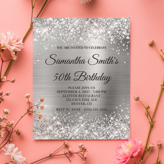 Invitation de 50e anniversaire pas chère en feuill (Budget Glittery Silver Foil 50th Birthday Invite)