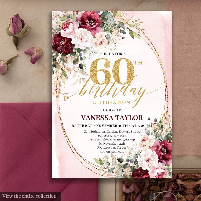 Invitation de 60e anniversaire au blush doré boho  (Sophisticated Boho Blush Gold 60th Birthday)