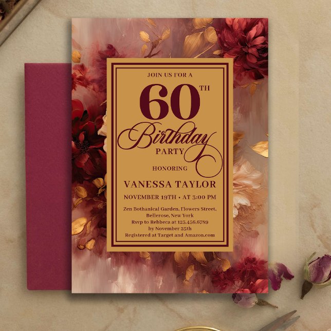 Invitation de 60e anniversaire de roses de Bourgog (Beautiful 60th Birthday Burgundy Roses Gold Invitation)