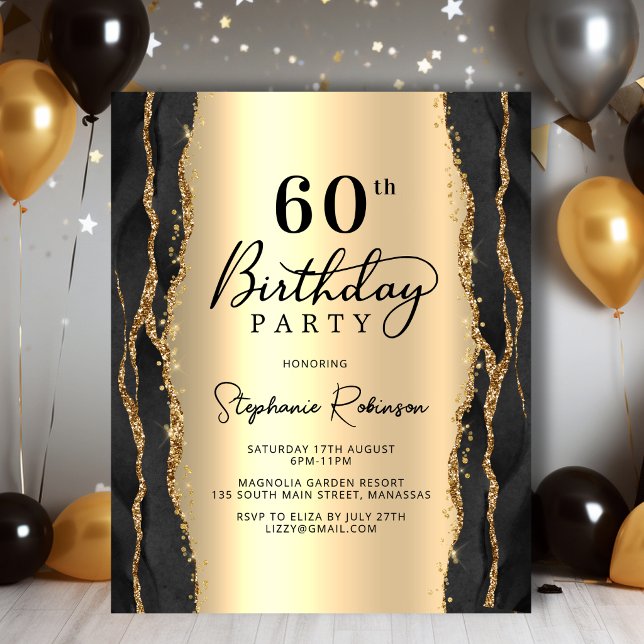 Invitation de 60e anniversaire moderne noir or bon (Créateur téléchargé)