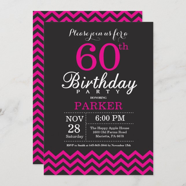 Invitation de 60e anniversaire Noir et rose chaud (Devant / Derrière)