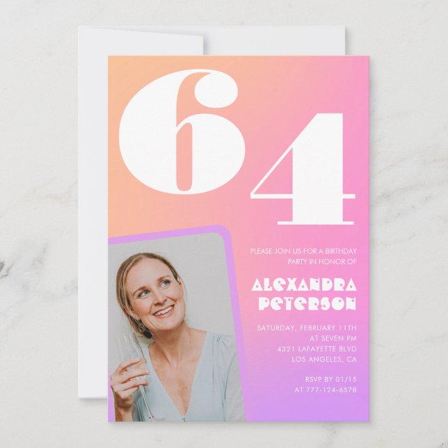 Invitation de 64e anniversaire avec photo rétro dé (Devant)
